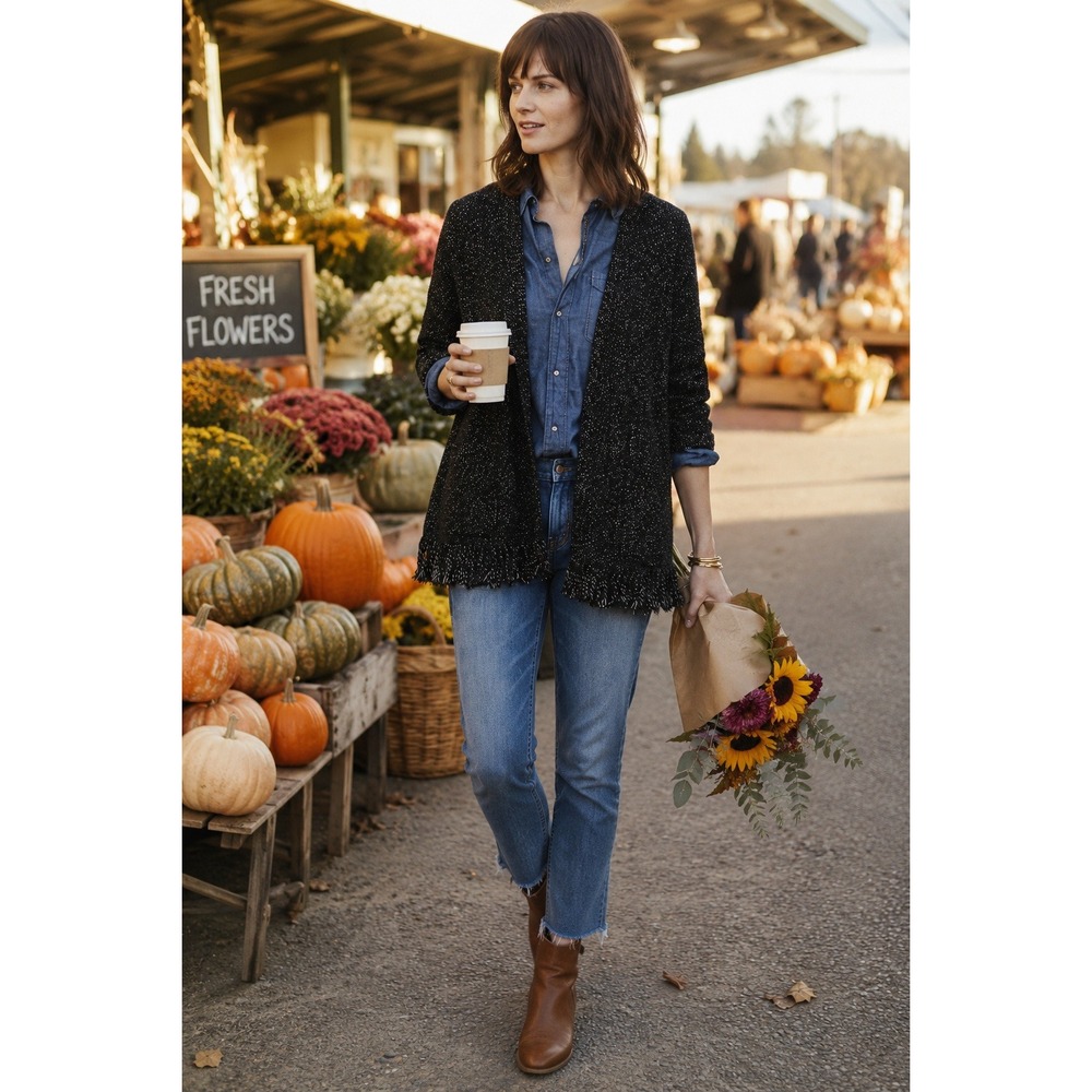 Madewell Open-Front Cardigan Sweater Fringe Hem Long Sleeve Black XS Boho